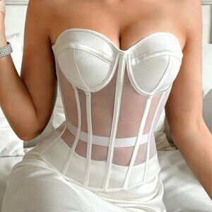 White Romantic Women's Sexy Sheer Mesh bustier Crop Top